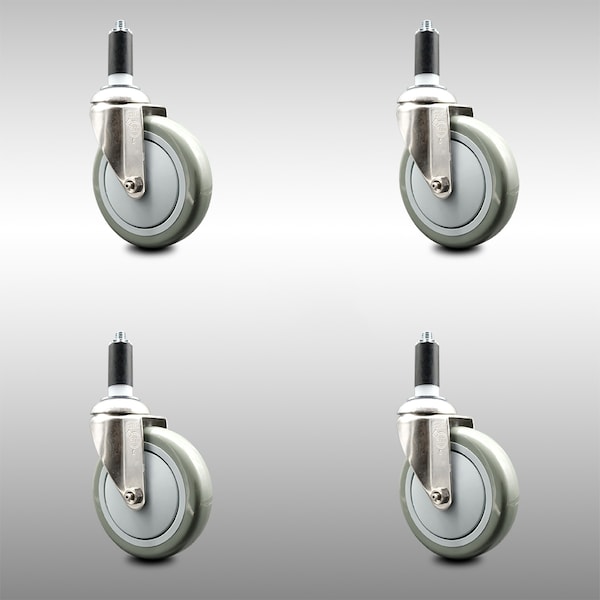 5 Inch 316SS Gray Polyurethane Swivel 1-3/8 Inch Expanding Stem Caster Set SCC